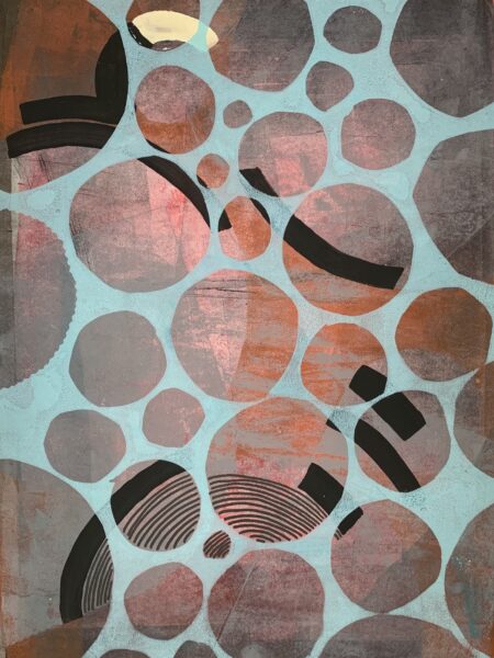 Peep Show - 14x17 Gelatin Monoprint, Acrylic, and Ink, on Bristol. From the Windows series by Laurie Smithwick