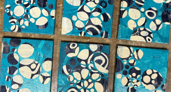 Six acrylic paintings on canvas, in progress. All from the New Windows series by Laurie Smithwick