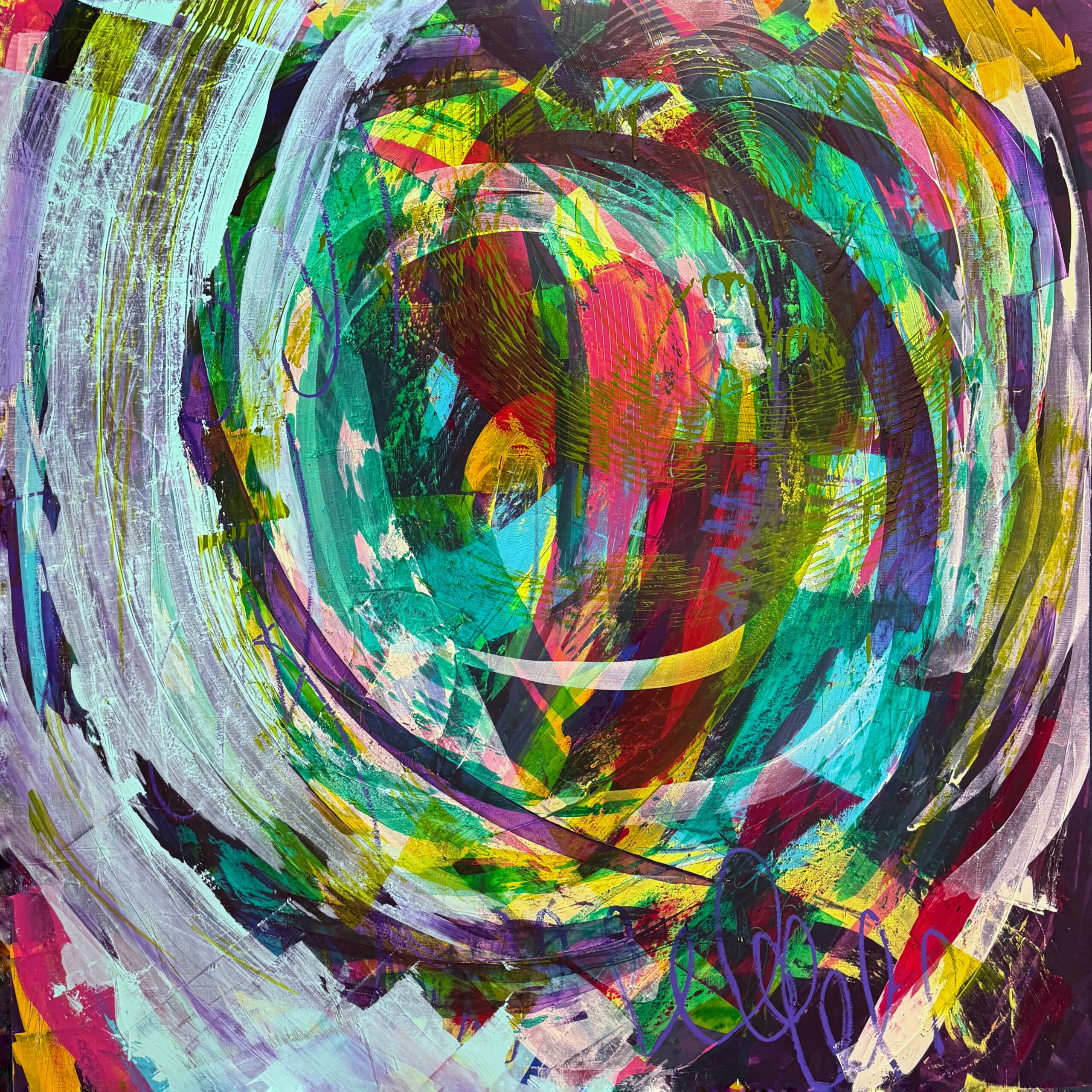 Abstract acrylic painting, 48x48 on wood panel, by Charlotte artist Laurie Smithwick. Part of the Not Quiet series.