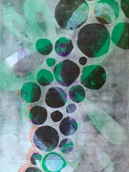 Birds Don't Live Alone - Gelatin monotype print and crayon on bristol, from the Windows series by Laurie Smithwick