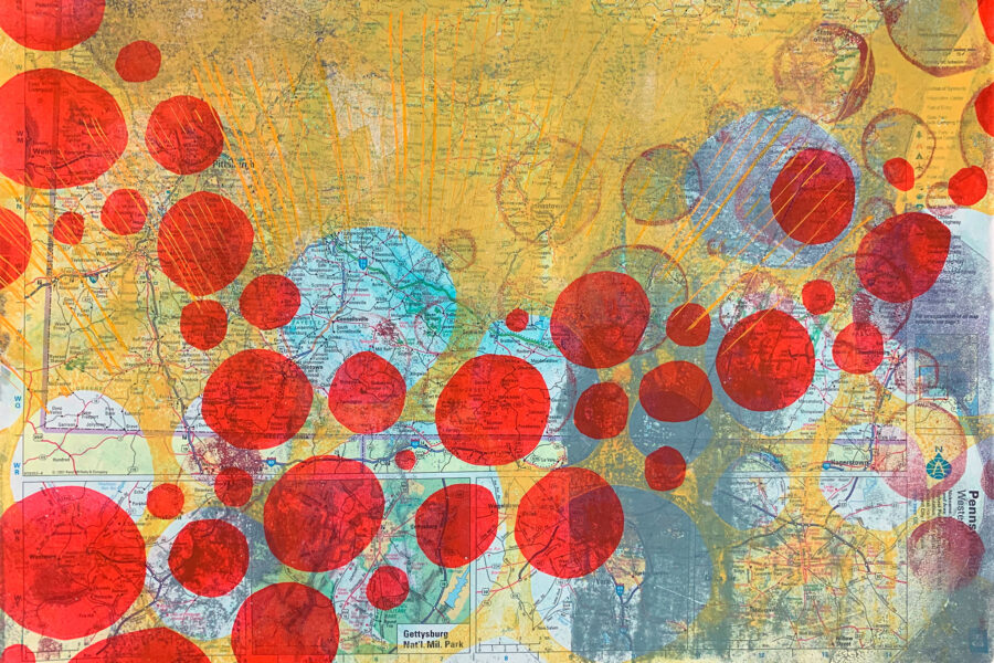 Pennsylvania Western - Gelatin monotype print and marker on vintage map, from the Windows series by Laurie Smithwick